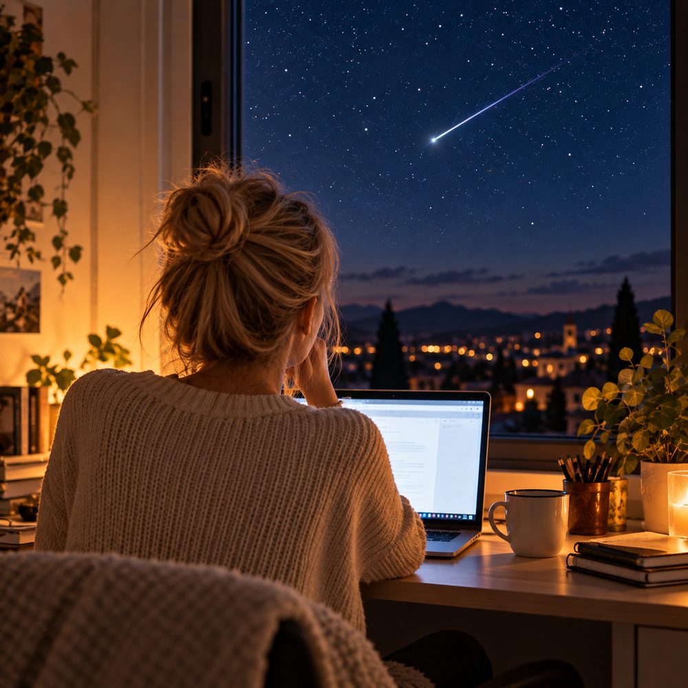 Mujer trabajando con su portátil de noche mientras pasa una estrella fugaz por la ventana